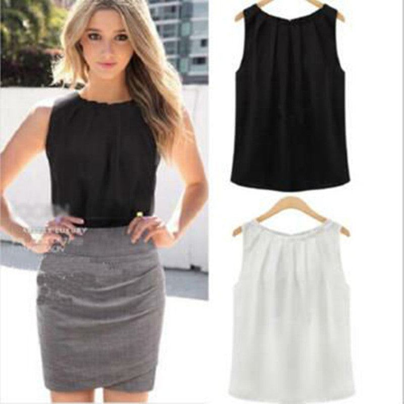 Plus Size Women Cropped Chiffon Blouses Tops Vest Tank Black White Shirt