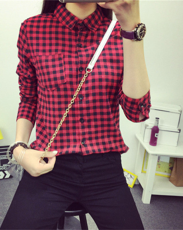 Online discount shop Australia - Ladies Female Casual Cotton Long Sleeve Plaid Shirt Women Slim Outerwear Blouse Tops Size S-XXL