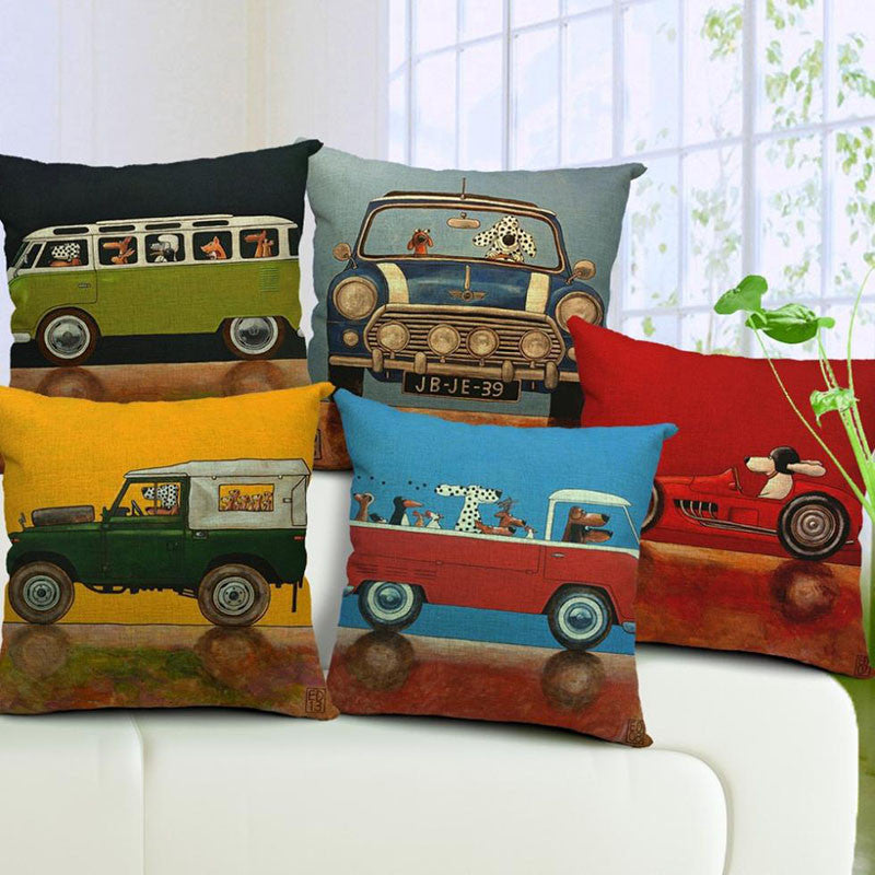 Pillow Lovely Cartoon Dog Driving Car Vintage 45X45CM Linen Pillow Decorative Linen Cushion Cover