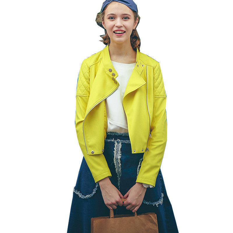 Online discount shop Australia - Lemon Yellow Leather Jacket Women  Motorcycle Short Short PU Blouson Cuir  Cazadora Cuero Mujer With Belt
