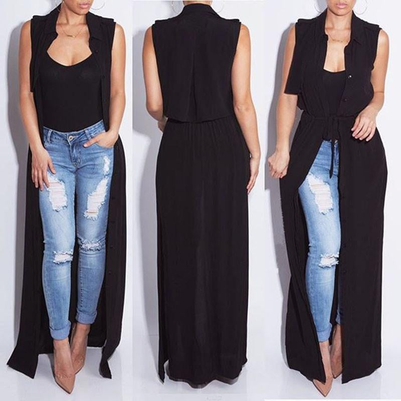 sleeveless trench coat balck chiffon duster for women woman overcoat outwear