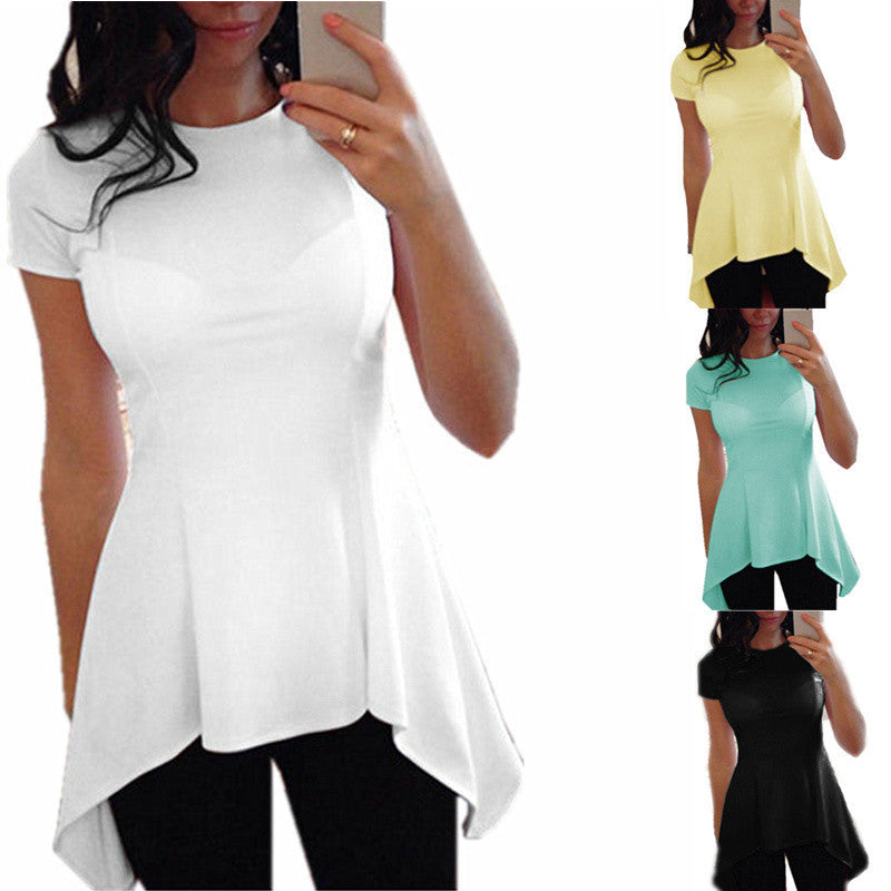 Online discount shop Australia - Fashion Irregular Hem Blouse Tops Sexy Women Short Sleeve O-neck Peplum Waist Slim Fit Casual Shirts