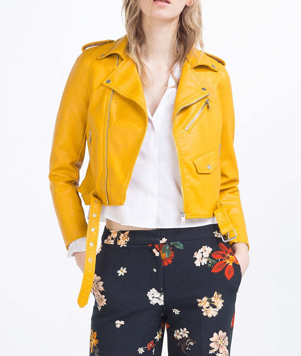 Spring Brand Women Mustard Short Faux Leather Motorcycle Cropped Biker jackets Hem belted Zips details-Dollar Bargains Online Shopping Australia