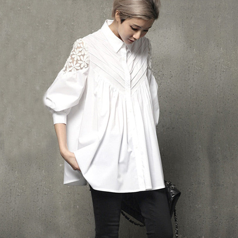 Lace Stitching Slim Shirt and Blouse Lantern Sleeve Loose Korean Hollow Out Female Tops Shirt Blouse