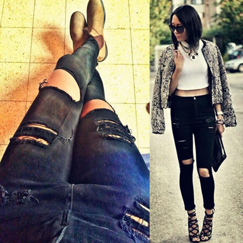 Women Casual Black High Waist Torn Jeans Hole Knee Skinny Pencil Pants Denim Ripped Jeans For Womens