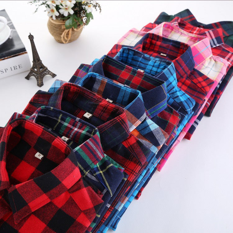 Online discount shop Australia - female new fashion long sleeve college style casual plaid shirts / women's pure cotton large yard slim sanded shirt