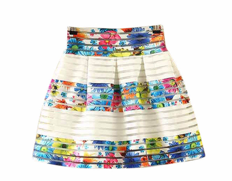 Online discount shop Australia - Fashion Women Flower Printed High Waisted Tutu Pleated Skirts Zipper Midi Elastic Skirt