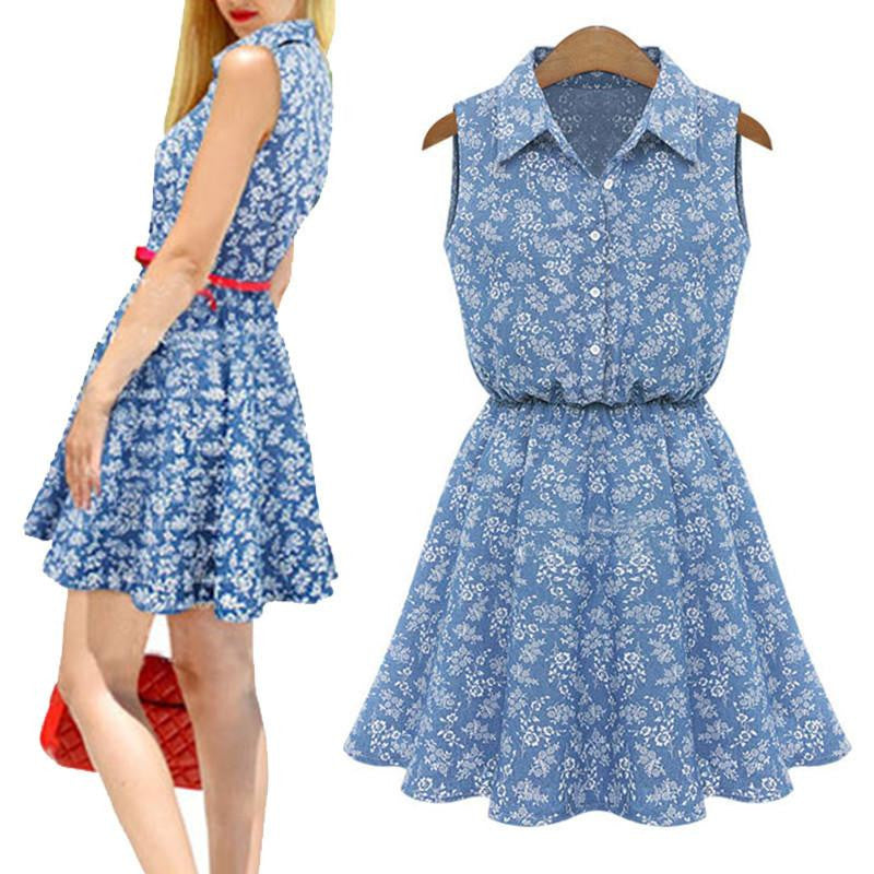 Summer Fashion Denim Dress Blue Floral Short Mini Dress Cute Girls Turn Drown Shirt-collar Sleeveless Women Dresses