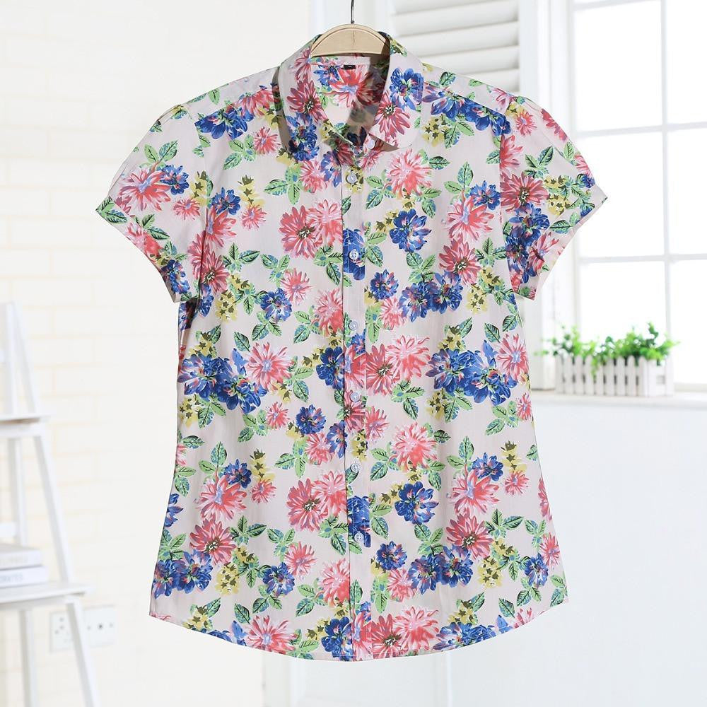 Women Blouses Short Sleeve Blouse Cotton Turn-down Shirt Women Tops Fashion Big Size