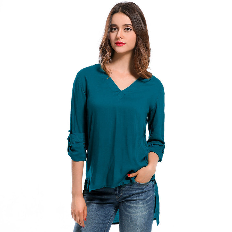 Online discount shop Australia - Fashion female V-neck blouses Cotton irregular Solid Loose Long sleeve shirts Ladies tops Streetwear Women Plus Size