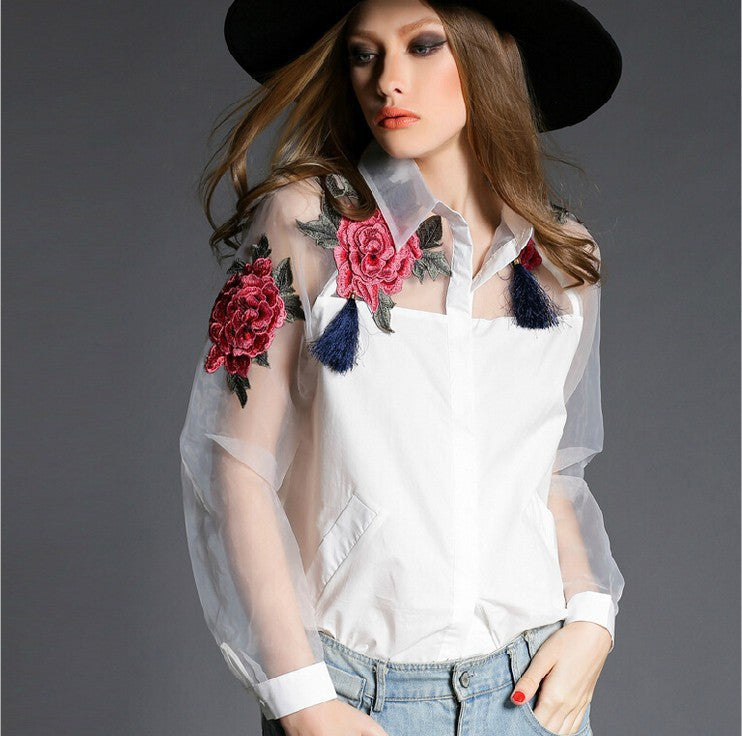 cardigans flower embroidery organza shirt women blouses tops women tops