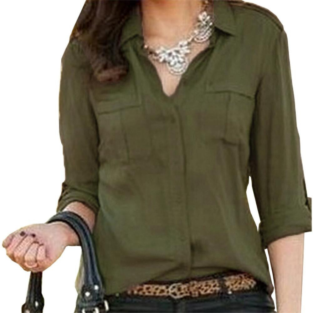 Women Button Turn-down Collar Blouse Ladies Casual Long Sleeve Pocket Solid Chiffon Shirts Tops Vintage Loose