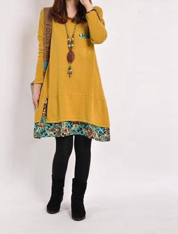 Women Casual Vintage Dress Ladies Leisure Loose Floral Hem O Neck Long Sleeve Cotton Bottoming Dress Plus Size M-XXL