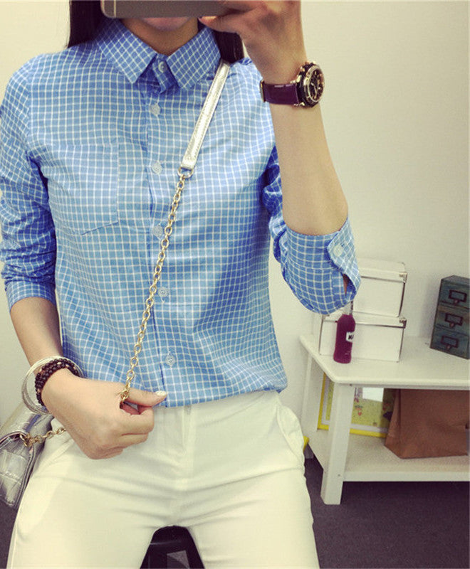 small Plaid Women Blouse Casual Lapel Shirt OL Long Sleeve Cotton Shirts Women Classic Grid Shirts Tops Pluse size