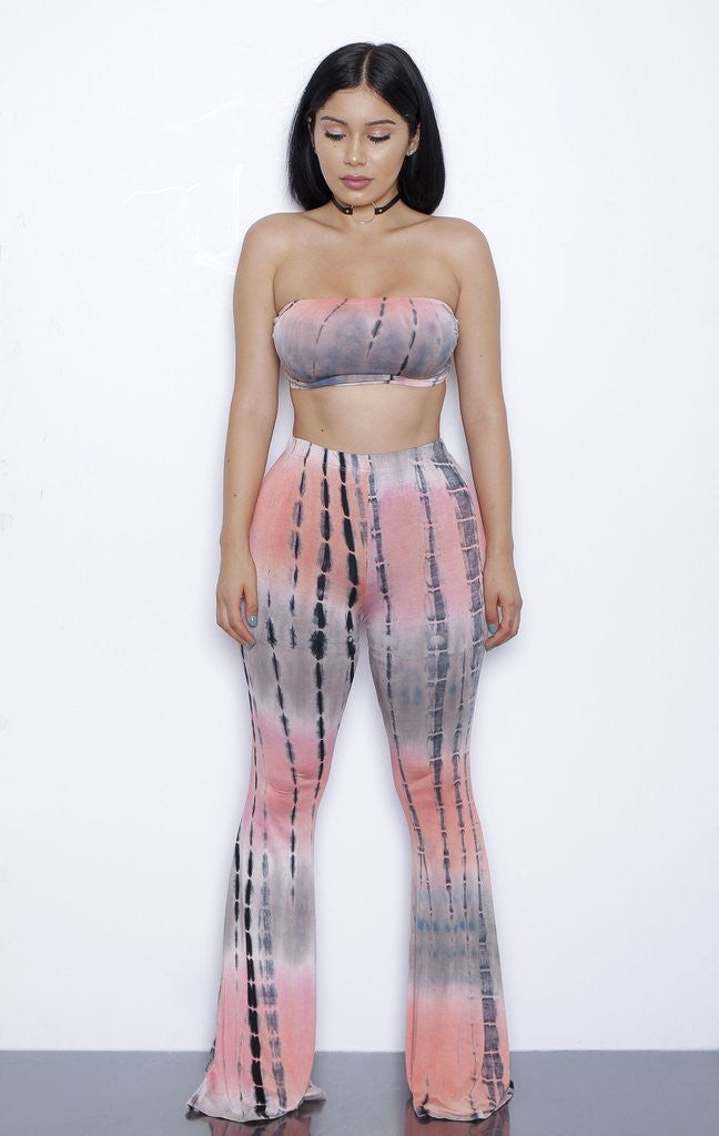 Online discount shop Australia - European and American Style Gradient Tie Dye Flare Pants for Women High Waist Wide Leg Long Trousers with Short Tops