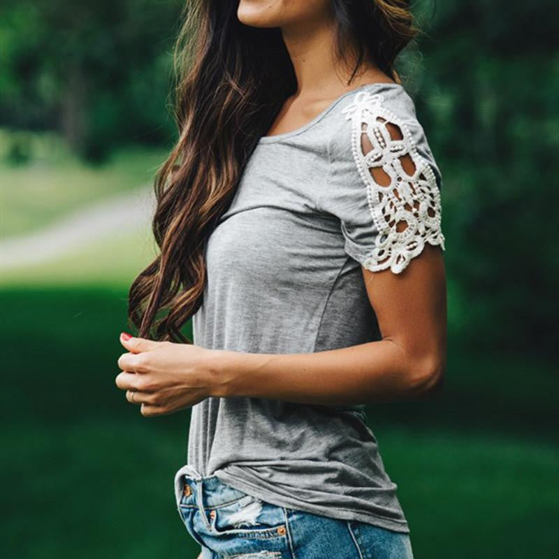 Trendy Blouse Women Ladies O Neck Lace Patchwork Short Sleeve Loose Solid Shirts Plus Size Casual Tops