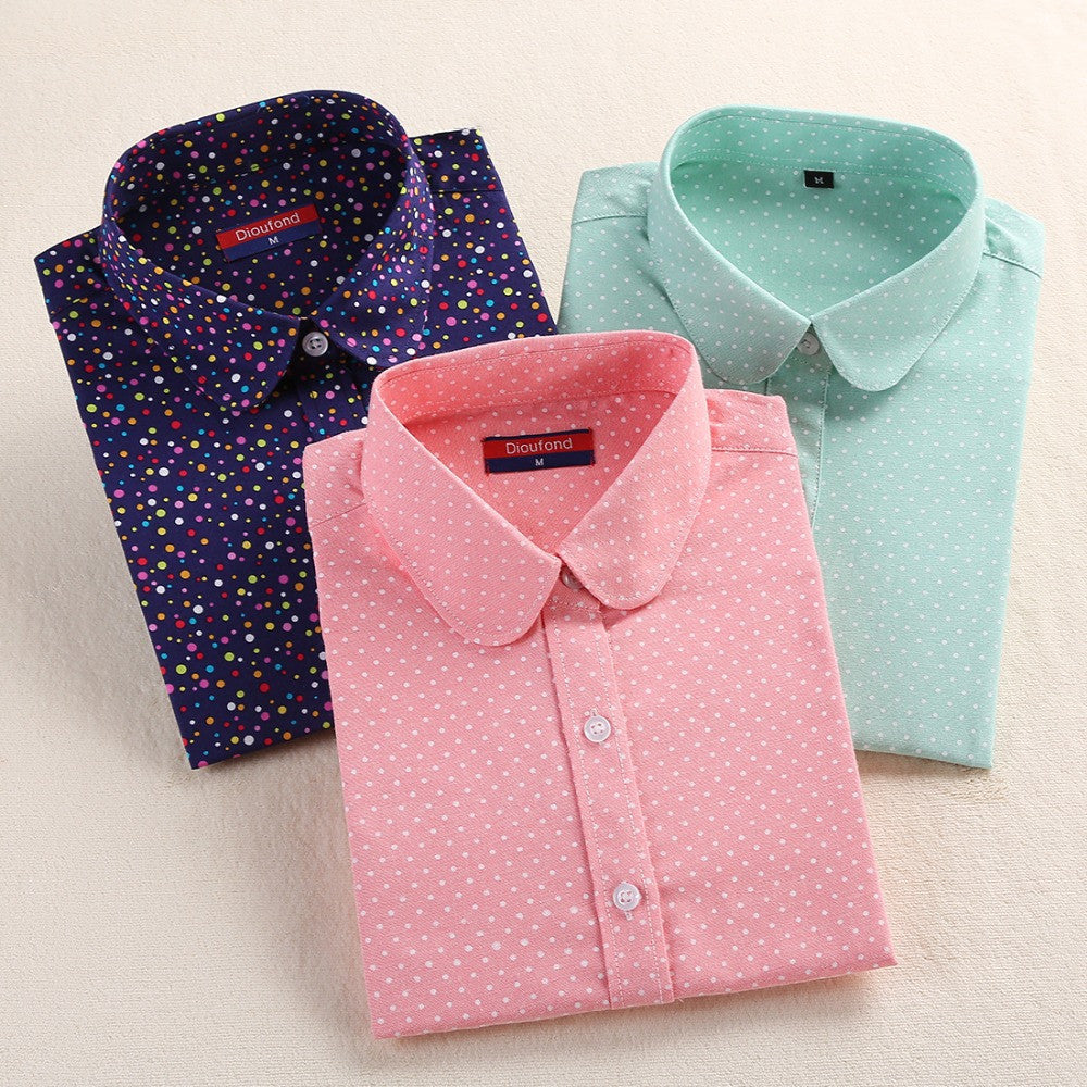 Plus Size Polka Dot Cotton Women Blouses Shirts Long Sleeve Women Shirts Turn Down Collar Cotton Casual Shirt Women Tops