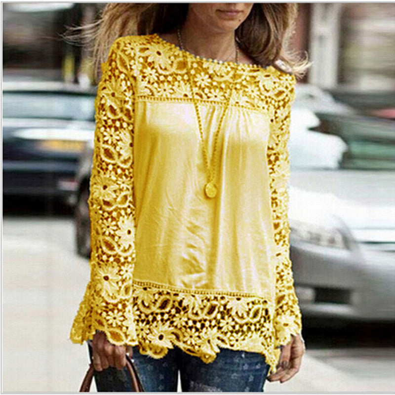 Online discount shop Australia - 5XL large size Fashion Women Lace long Sleeve Chiffon Blouses Shirt Crochet