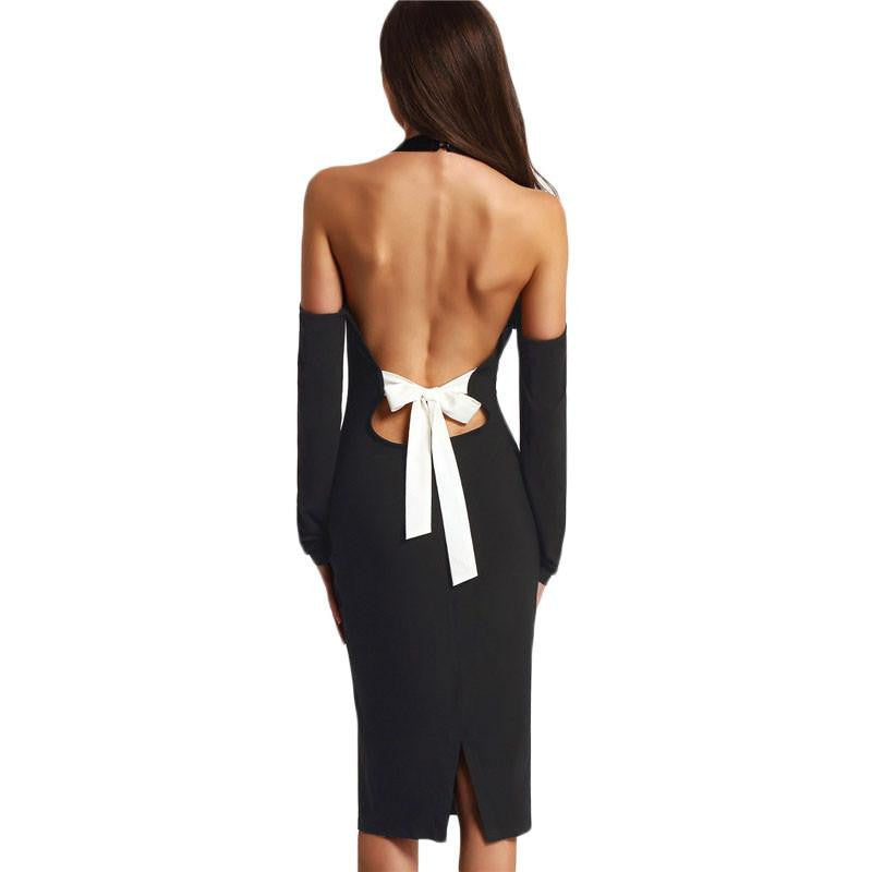 Summer Black Off The Shoulder Bow Open Back Long Sleeve Patchwork Bow Halter Long Sleeve Pencil Dress