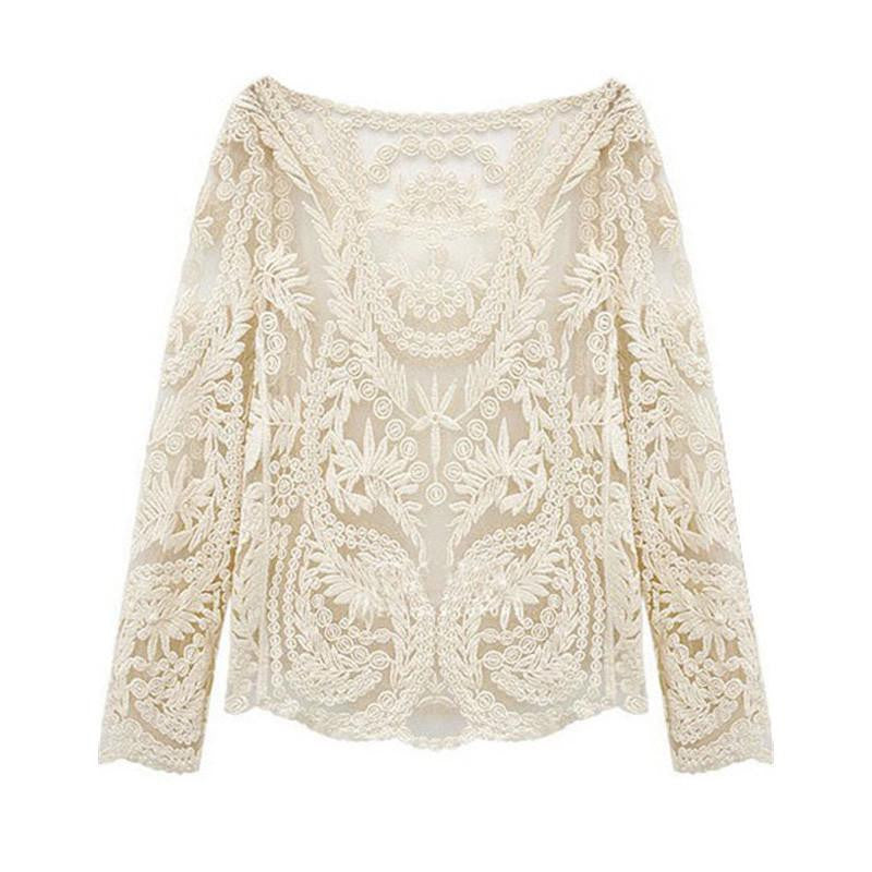 Style Beige Long Sleeve Hollow Out Crochet Lace Blouse Female Boat Neck Curved Hem Sheer Blouse