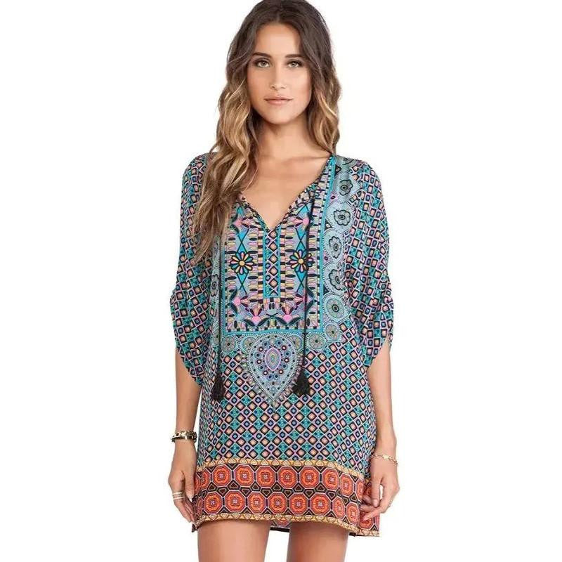 Summer Dress Vintage Loose Print Half Sleeve O-Neck Mini Cotton Natural Color Dresses