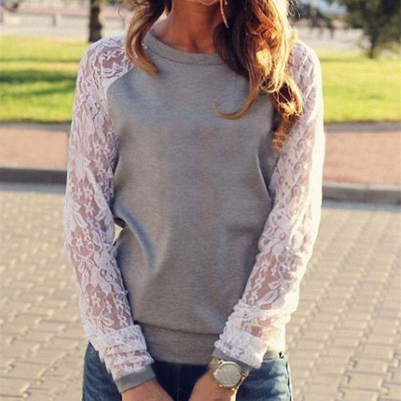 Online discount shop Australia - Lace Blouse Shirt female Long Sleeve Blouse Shirt Blouse Shirt Tops Solid O Neck Casual clothing