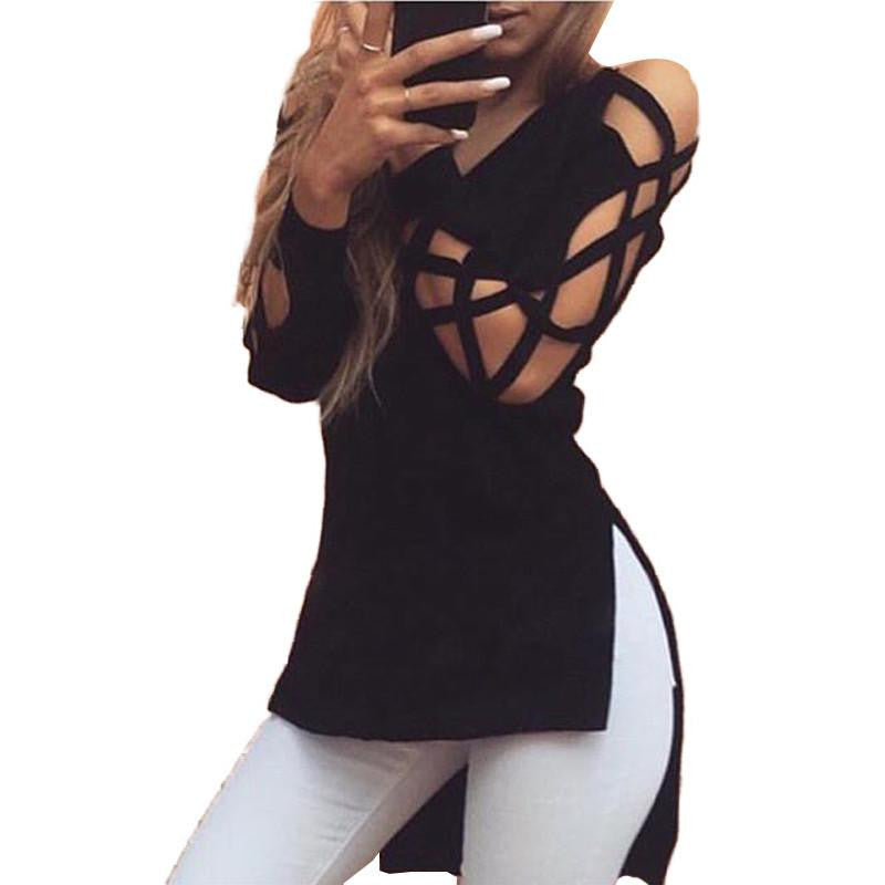 Stylish Harajuku Hollow Sleeve T Shirt Women Short Front Long Back Female Tops Kawaii Split Cool T-shirt Women Cut Out