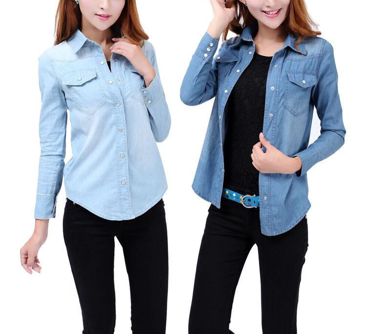 Woman Denim Shirts Fashion Style Long Sleeve Casual Shirt Women 2 Colors Blouses Plus Size