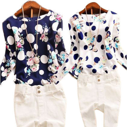 Online discount shop Australia - Casual Chiffon Shirts Sexy Deep round-Neck Women Blouses Blue White Long Sleeve Solid Tops Plus Size Loose