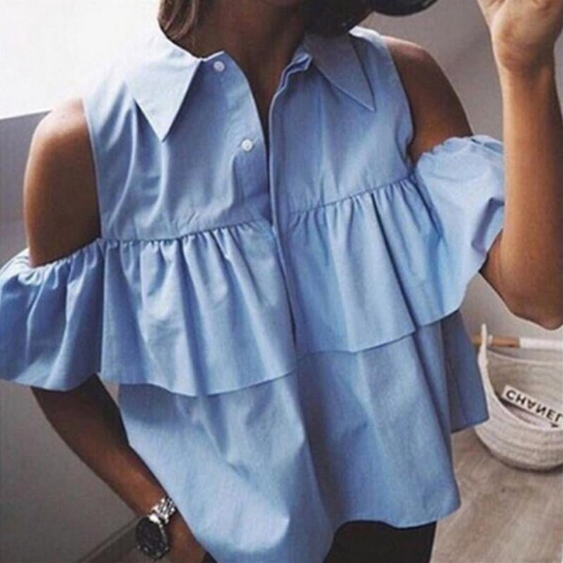 Off Shoulder Ruffles Women Blouse Short Shirts Turn-down Collar Crop Ladies Tops Blue and White