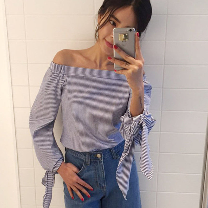 Plus Size Women Blouses Slash Neck Off Shoulder Bow Long Sleeve Casual Tops Shirts Blue White Striped Party