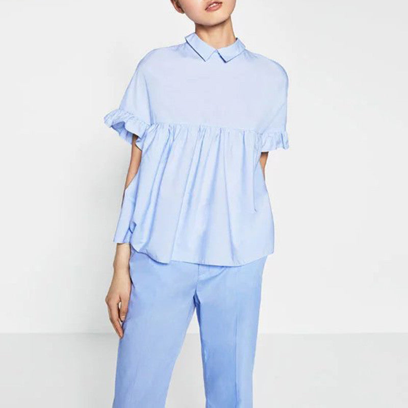 Novelty cropped women lapel collar blouses lady fold lotus sleeves loose shirt tops with bow LBBI0510-2