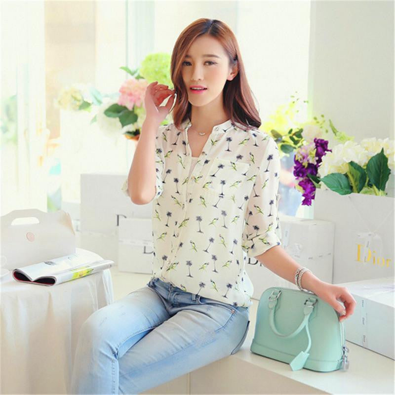 Women Long Sleeve Bird Printed Casual Chiffon Shirt Fashion Slim Blouse Shirts For Women