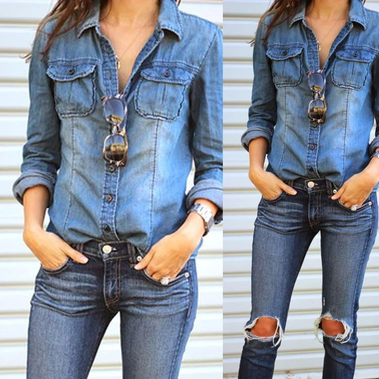 Vintage Women Long Sleeve Casual Denim Shirt Tops Blouse Jacket