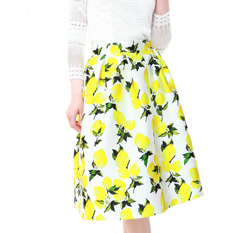 Online discount shop Australia - High Quality Women Skirt New Fashion Yellow Lemon Print Ball Gown Pleated High Waist Midi Skirt Women Saia S-XL
