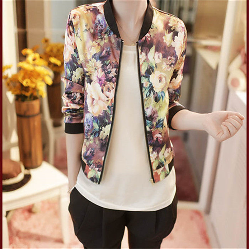 Fashion Women Jackets Flower Print Casual Coats Zipper Thin Bomber Jacket Long Sleeve Coat Outwear Female Cloths