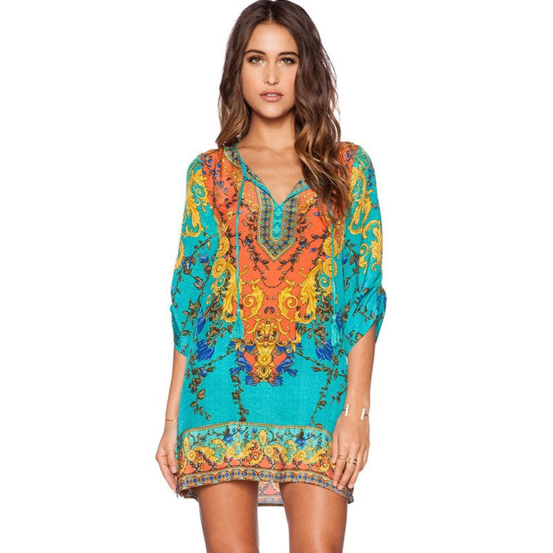 Online discount shop Australia - Fashion Vintage Women Dress Floral Print V-Neck Half Sleeve Chiffon Loose Mini Summer Dresses Vestidos