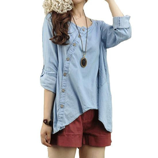 Women Tops Blouse Shirts Fashion Loose Plus Size Linen Blouse Button Shirt Female Denim Blouse