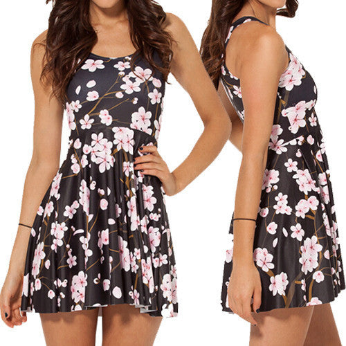 Online discount shop Australia - Cherry Blossom Black REVERSIBLE SKATER DRESS Women Summer Dress Cartoon Pleated Dress casual