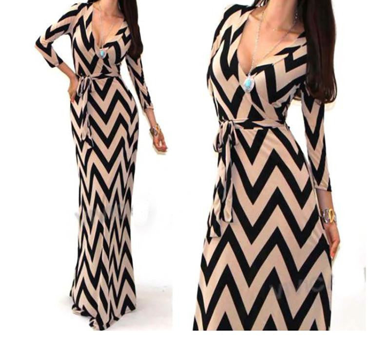Women Maxi dresses V-neck striped dress three quarter sleeve long Nightclub dress 922 DX
