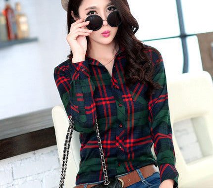 Fashion 16 colors girl's plaid flannel casual shirt female long sleeve plaid shirt ladies plus size women's Tops