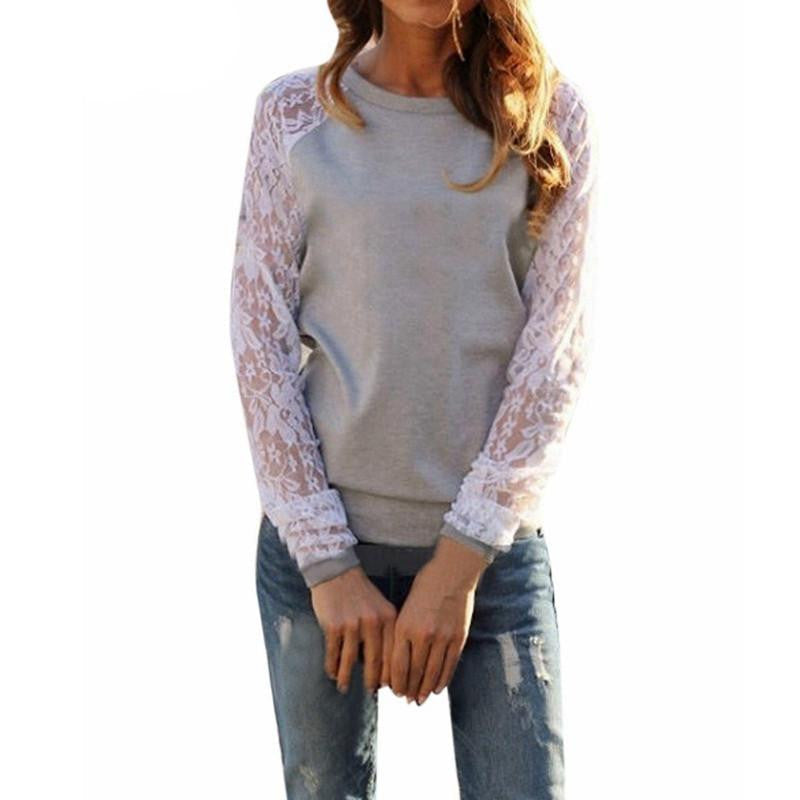 Women Lace Blouse Casual Crochet Patchwork Long Sleeve Slim Shirts Tops Plus Size S-XXXL