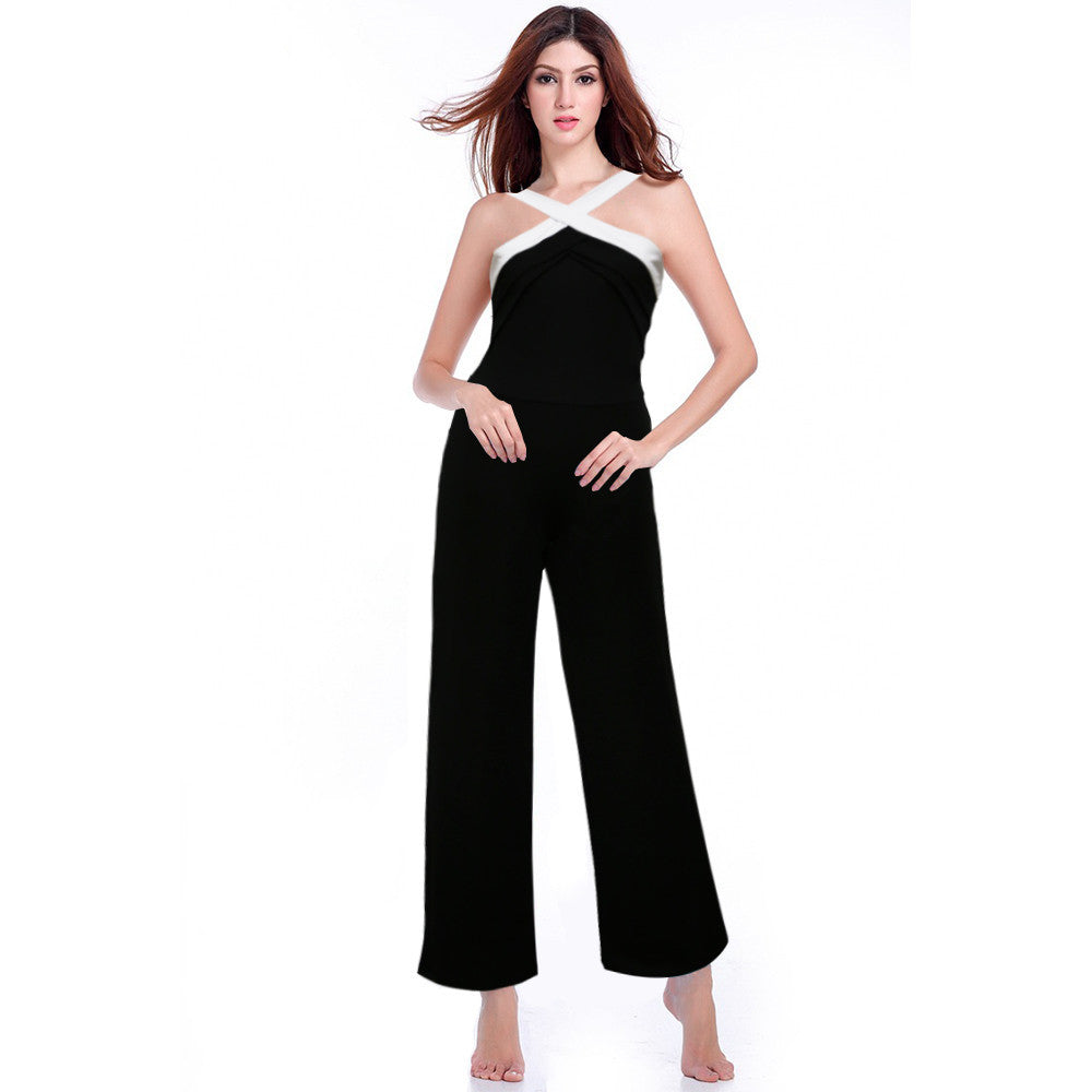 Womens Rompers Black Cross Neck Wide Leg Stitching Sling Halter Jumpsuit Ladies Elegant Playsuits Plus Size Overalls-Dollar Bargains Online Shopping Australia