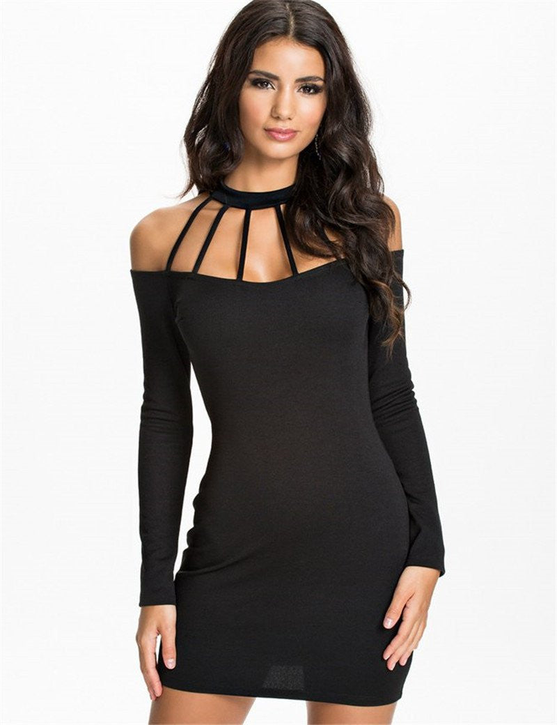 woman dress full sleeve above knee length black sexy dress off the shoulder dress to party