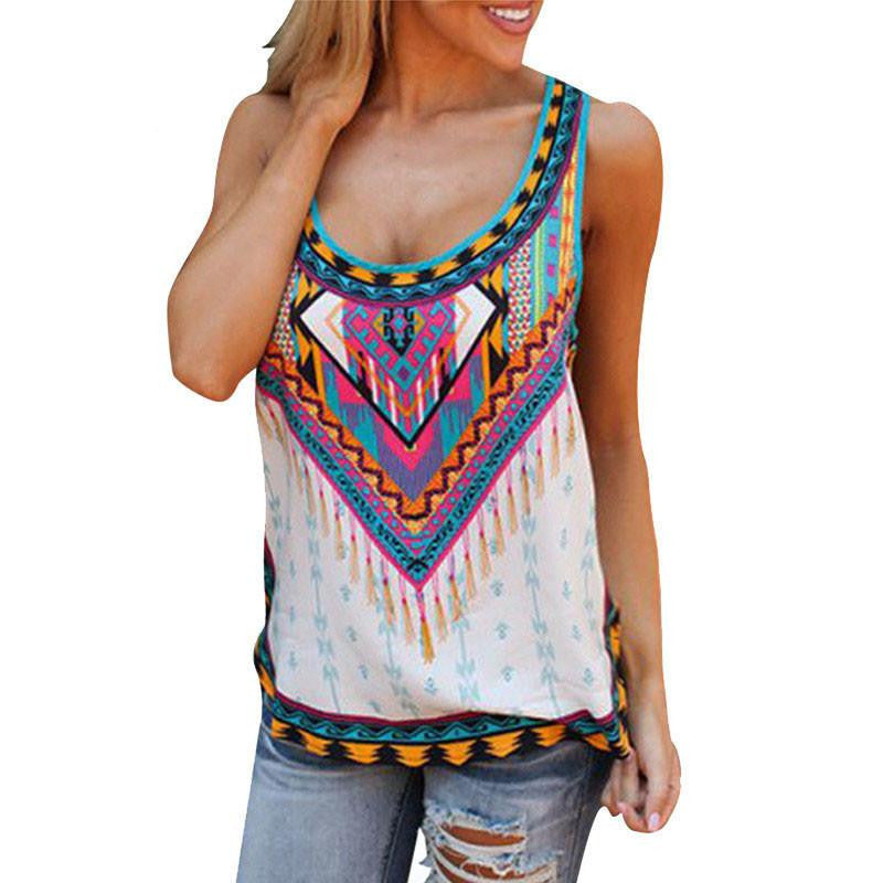 Sleeveless T Shirt Women Vintage Retro Ethnic T-Shirts Print Colorful Pattern tshirt Tops Plus Size