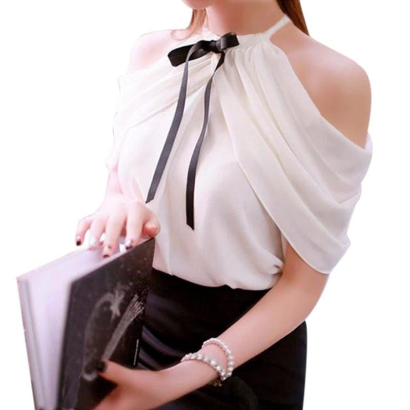 Style Halter Neck Bowknot Shirts Elegant Women Off Shoulder Blouses Casual Slim Chiffon Tops