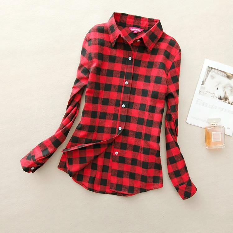 Women loose blouses thick warm cotton long-sleeved blouse 100%cotton flannel plaid shirt Women Tops plus size 21 colors