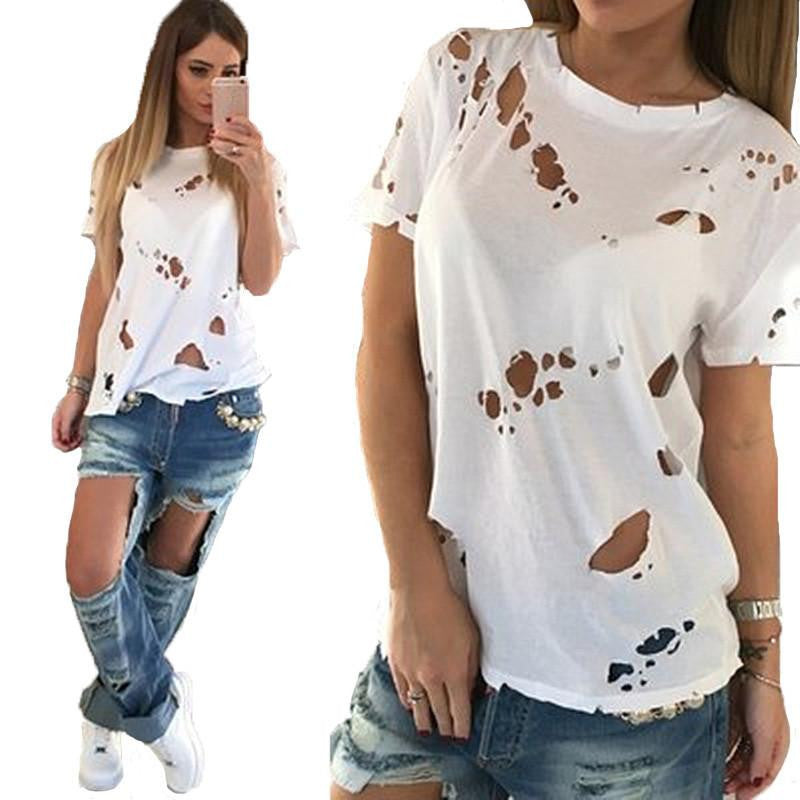 Online discount shop Australia - Hole Beggar white black t shirt women wild hollow burning flowers ripped fashion hollow out short-sleeved t-shirt Women Tops
