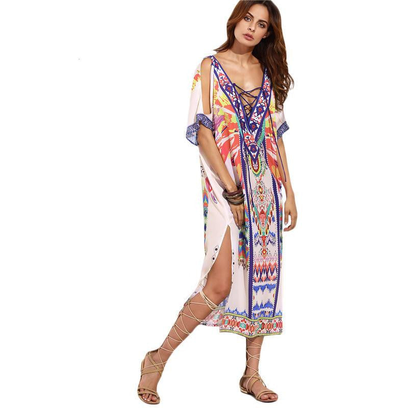 Woman Summer Beach Dresses Ladies Multicolor Print Crisscross Front V Neck Half Sleeve Split Side Midi Dress