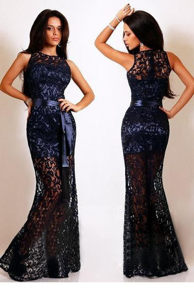 party evening Navy Lace Satin Patchwork Maxi Dress autumn dress